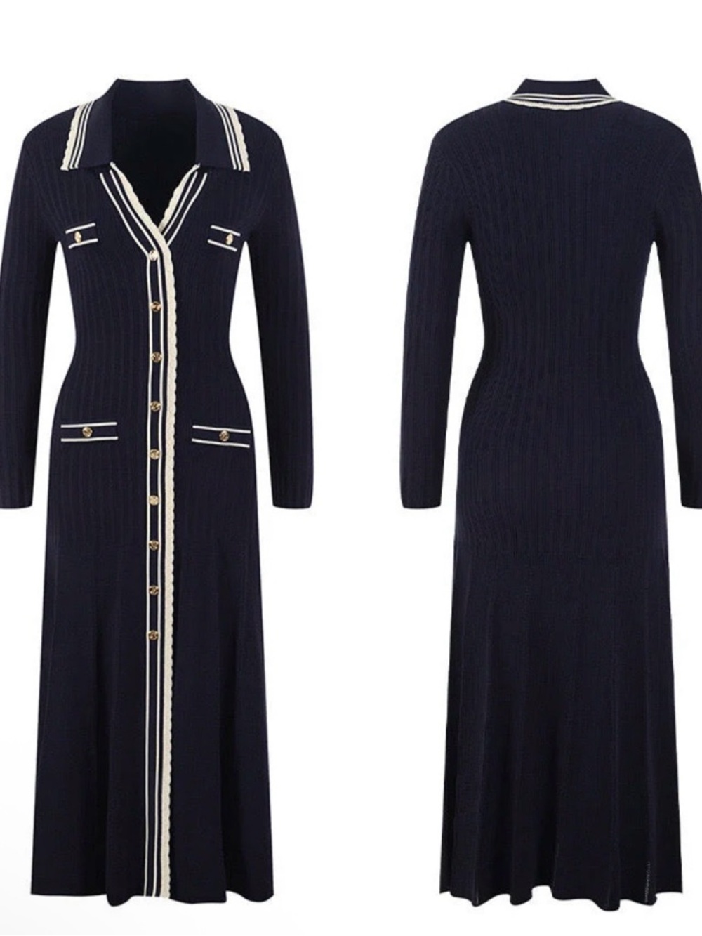 Sandro Navy Blue Long Sleeve Button-Front Knit Maxi Dress with Cream Trim